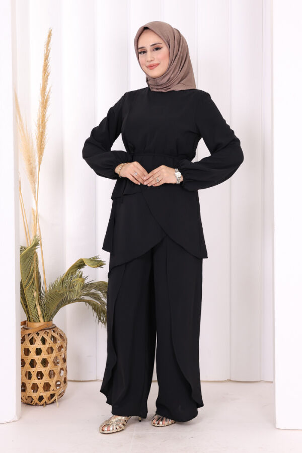 Asimetrik Kesim Tunik Pantolon İkili Takım 8694 Siyah - 3
