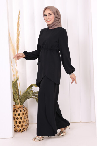 Asimetrik Kesim Tunik Pantolon İkili Takım 8694 Siyah - 4