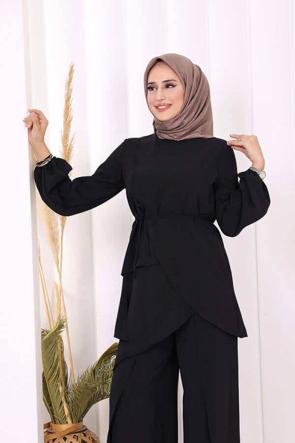 Asimetrik Kesim Tunik Pantolon İkili Takım 8694 Siyah - 6