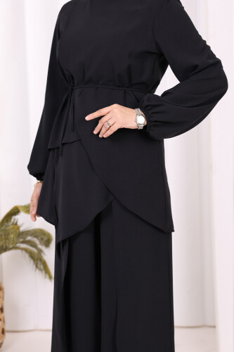 Asimetrik Kesim Tunik Pantolon İkili Takım 8694 Siyah - 7