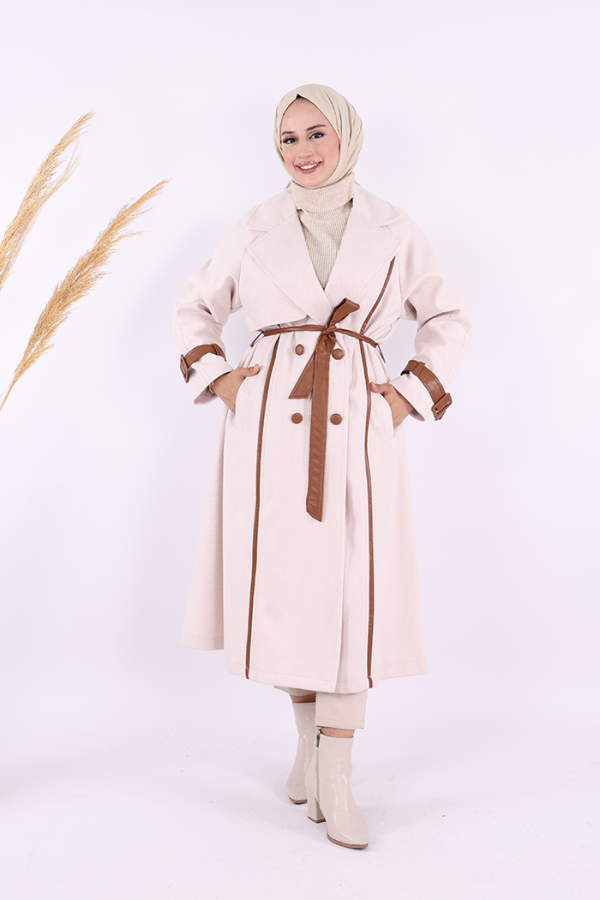 Astarlı Deri Detay Bel Kuşaklı Kaşe Kaban 7868 Taş - 1