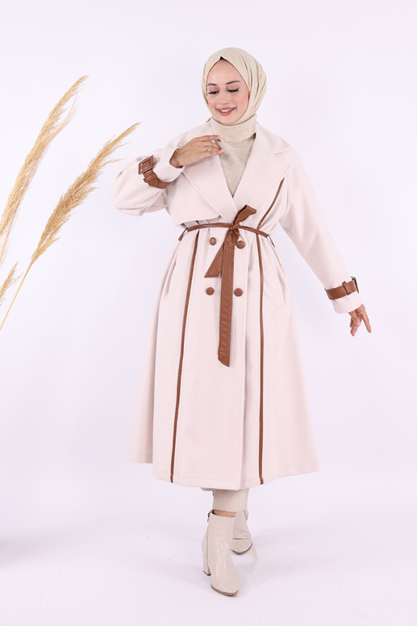 Astarlı Deri Detay Bel Kuşaklı Kaşe Kaban 7868 Taş - 2