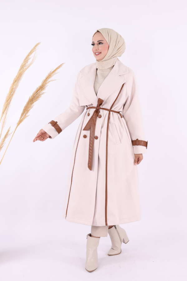 Astarlı Deri Detay Bel Kuşaklı Kaşe Kaban 7868 Taş - 3