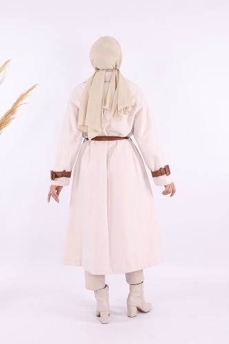 Astarlı Deri Detay Bel Kuşaklı Kaşe Kaban 7868 Taş - 4