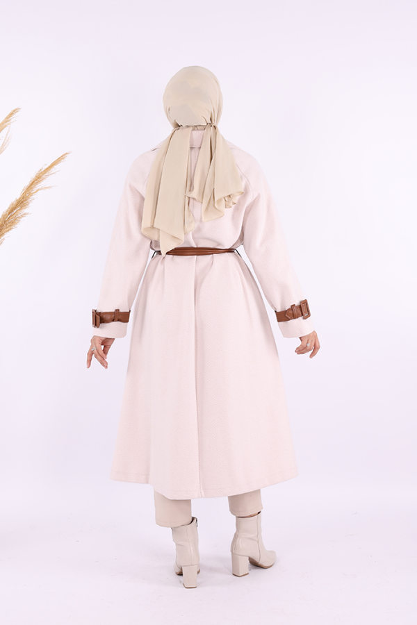 Astarlı Deri Detay Bel Kuşaklı Kaşe Kaban 7868 Taş - 4