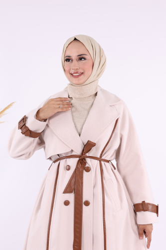 Astarlı Deri Detay Bel Kuşaklı Kaşe Kaban 7868 Taş - 5