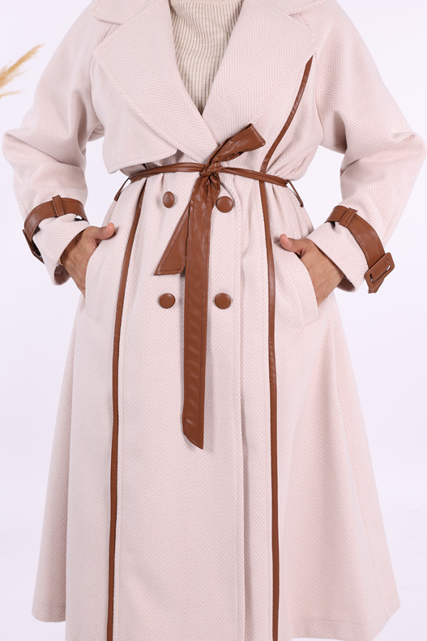 Astarlı Deri Detay Bel Kuşaklı Kaşe Kaban 7868 Taş - 6