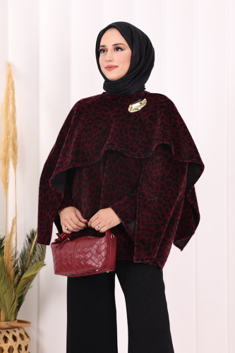 Atkı Detay Leoparlı Panço 70061-1 Bordo - 4
