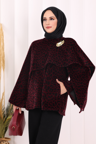 Atkı Detay Leoparlı Panço 70061-1 Bordo - 5
