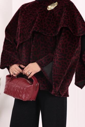 Atkı Detay Leoparlı Panço 70061-1 Bordo - 6