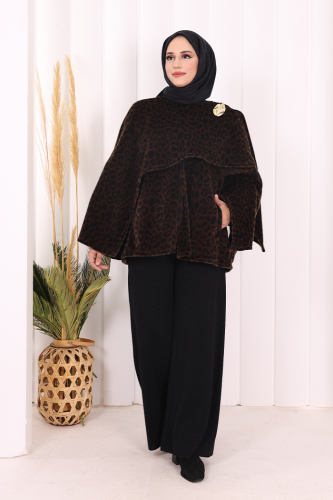 Atkı Detay Leoparlı Panço 70061-1 Kahverengi - Bym Fashion
