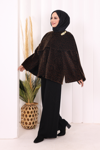 Atkı Detay Leoparlı Panço 70061-1 Kahverengi - 2