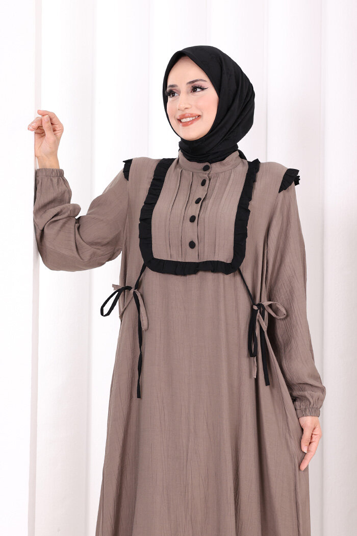 Bağlamalı ve Fırfır Detaylı Elbise 6064 DUMAN - 5