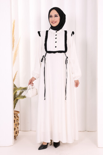 Bağlamalı ve Fırfır Detaylı Elbise 6064 Ekru