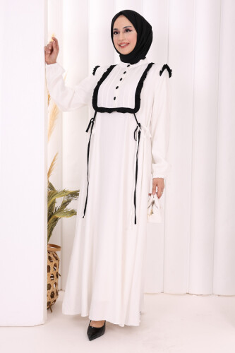 Bağlamalı ve Fırfır Detaylı Elbise 6064 Ekru - 2