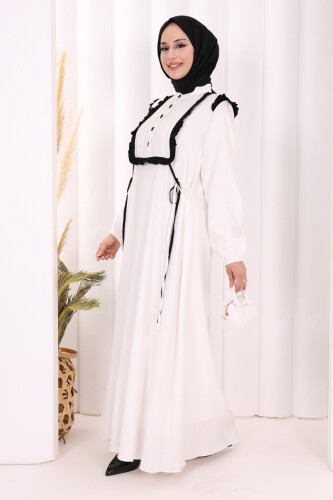 Bağlamalı ve Fırfır Detaylı Elbise 6064 Ekru - 3
