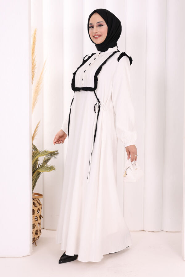 Bağlamalı ve Fırfır Detaylı Elbise 6064 Ekru - 3