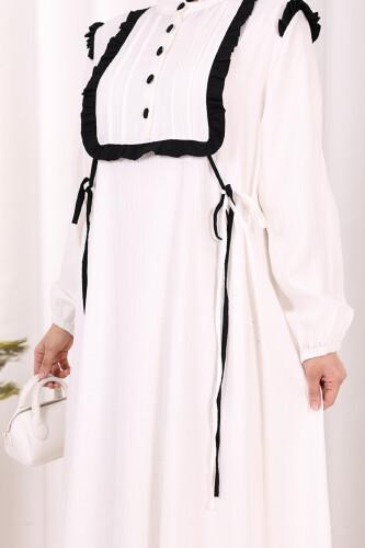 Bağlamalı ve Fırfır Detaylı Elbise 6064 Ekru - 6