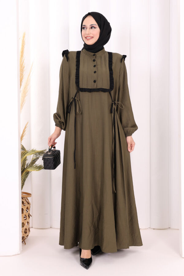 Bağlamalı ve Fırfır Detaylı Elbise 6064 Haki - 1