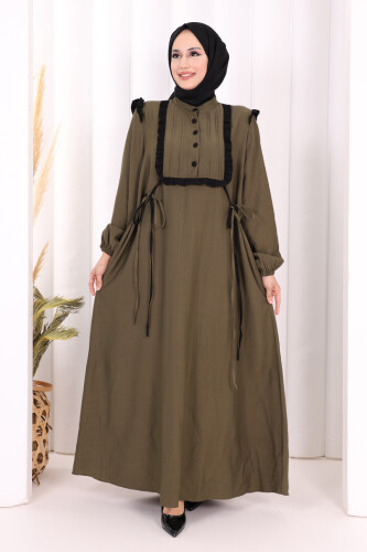 Bağlamalı ve Fırfır Detaylı Elbise 6064 Haki - 3