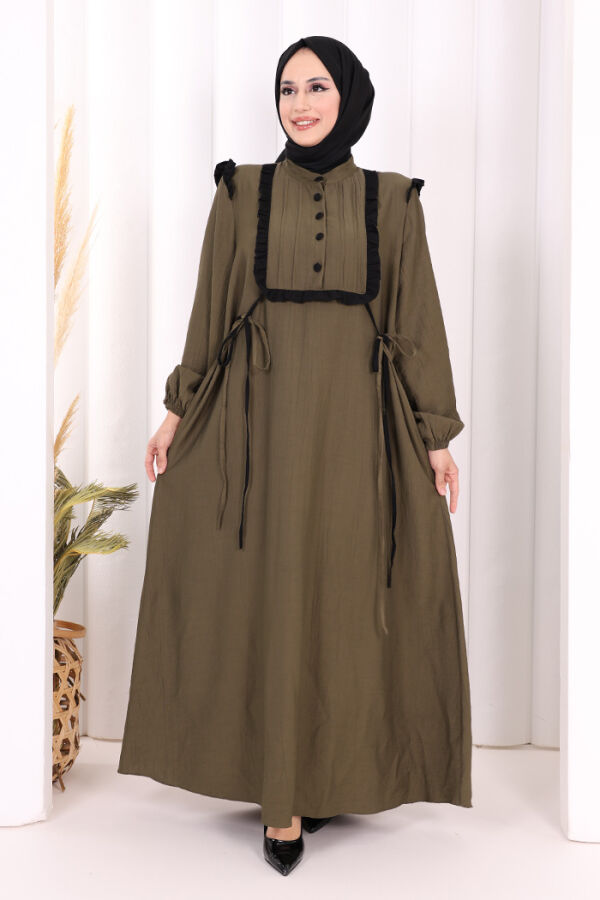 Bağlamalı ve Fırfır Detaylı Elbise 6064 Haki - 3