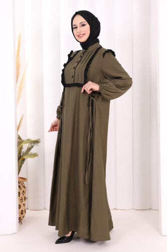 Bağlamalı ve Fırfır Detaylı Elbise 6064 Haki - 4