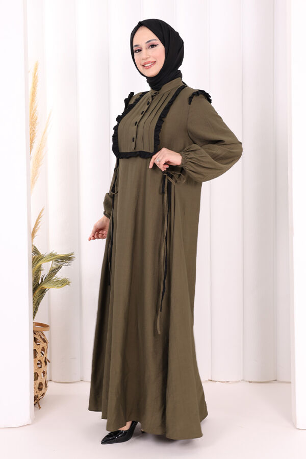 Bağlamalı ve Fırfır Detaylı Elbise 6064 Haki - 4
