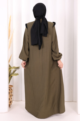 Bağlamalı ve Fırfır Detaylı Elbise 6064 Haki - 5