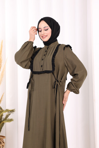 Bağlamalı ve Fırfır Detaylı Elbise 6064 Haki - 6