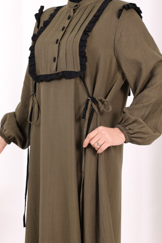 Bağlamalı ve Fırfır Detaylı Elbise 6064 Haki - 7