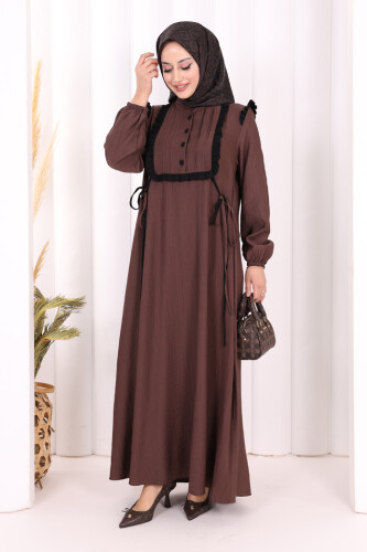 Bağlamalı ve Fırfır Detaylı Elbise 6064 Kahverengi