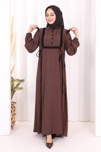 Bağlamalı ve Fırfır Detaylı Elbise 6064 Kahverengi - 2