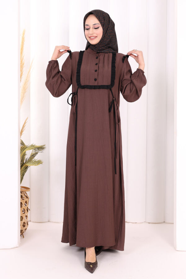 Bağlamalı ve Fırfır Detaylı Elbise 6064 Kahverengi - 2