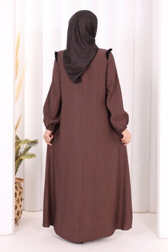 Bağlamalı ve Fırfır Detaylı Elbise 6064 Kahverengi - 4