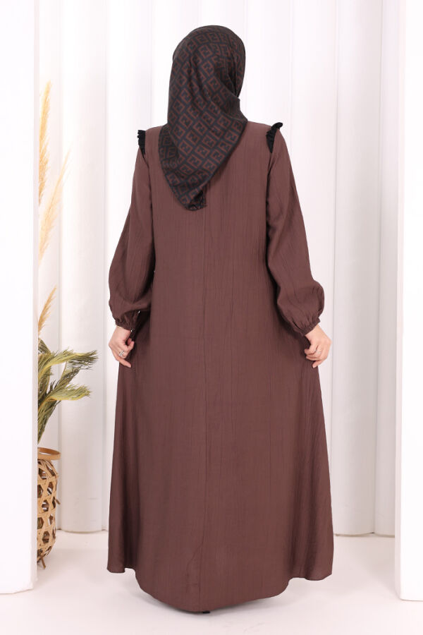 Bağlamalı ve Fırfır Detaylı Elbise 6064 Kahverengi - 4