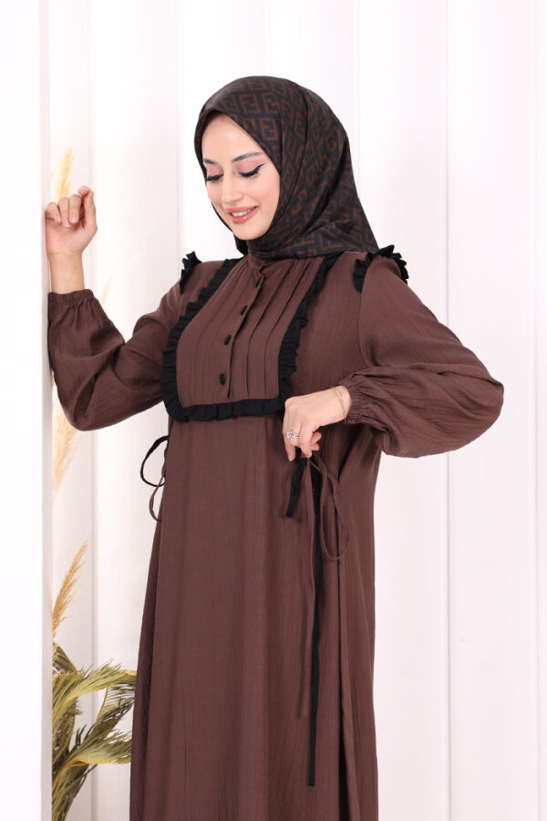 Bağlamalı ve Fırfır Detaylı Elbise 6064 Kahverengi - 5