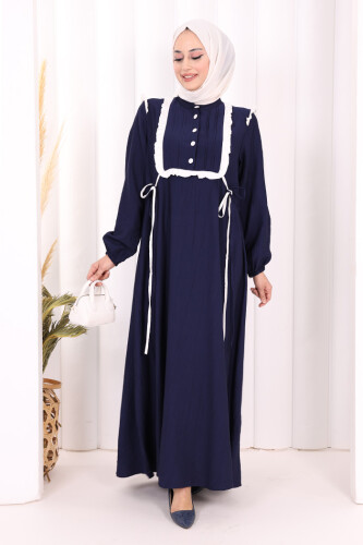 Bağlamalı ve Fırfır Detaylı Elbise 6064 Lacivert