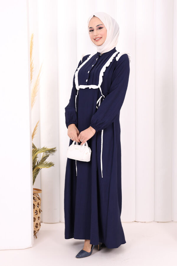 Bağlamalı ve Fırfır Detaylı Elbise 6064 Lacivert - 2