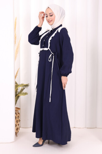 Bağlamalı ve Fırfır Detaylı Elbise 6064 Lacivert - 4