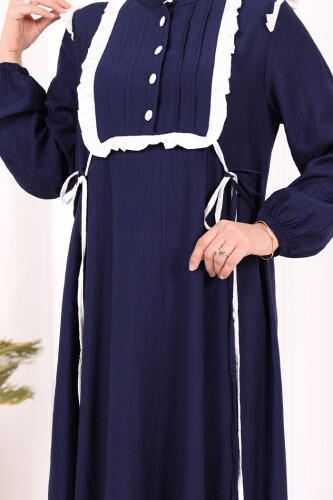 Bağlamalı ve Fırfır Detaylı Elbise 6064 Lacivert - 7