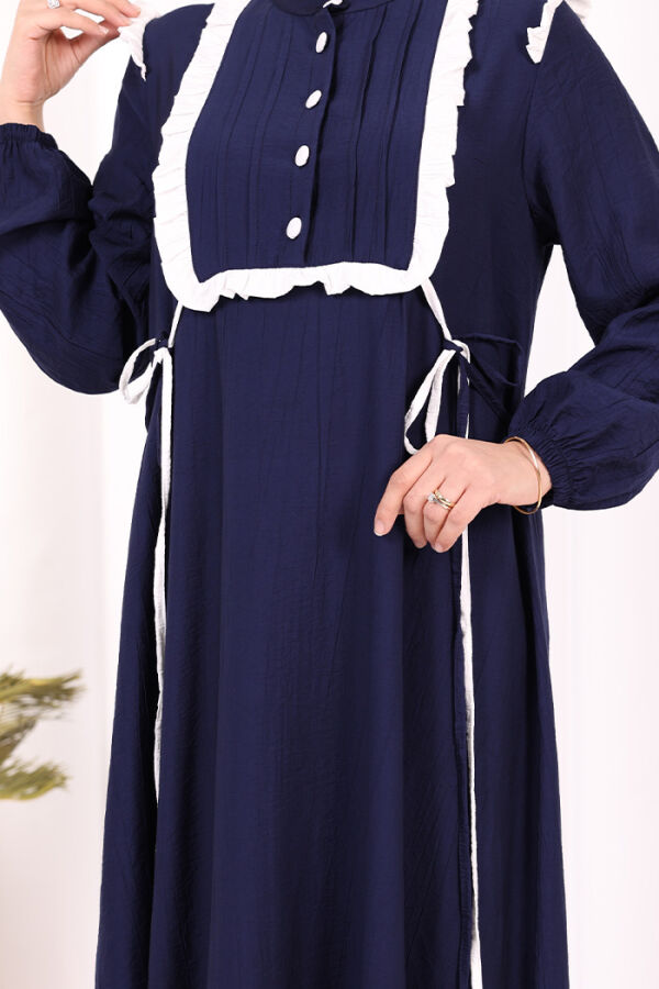 Bağlamalı ve Fırfır Detaylı Elbise 6064 Lacivert - 7