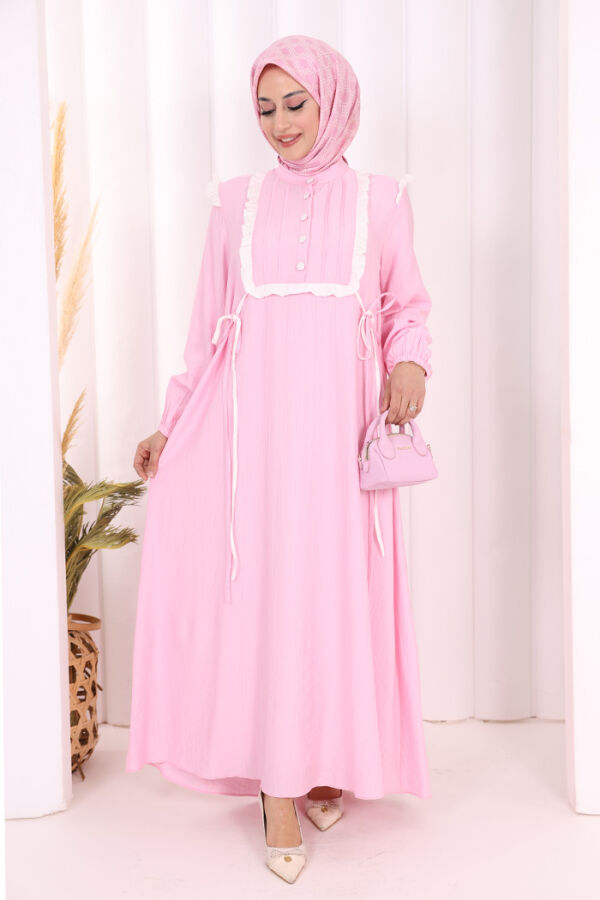 Bağlamalı ve Fırfır Detaylı Elbise 6064 Pembe - 1