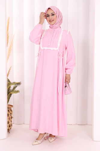 Bağlamalı ve Fırfır Detaylı Elbise 6064 Pembe - 2