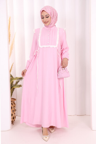 Bağlamalı ve Fırfır Detaylı Elbise 6064 Pembe