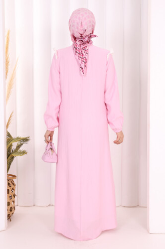 Bağlamalı ve Fırfır Detaylı Elbise 6064 Pembe - 4