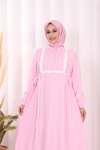 Bağlamalı ve Fırfır Detaylı Elbise 6064 Pembe - 5