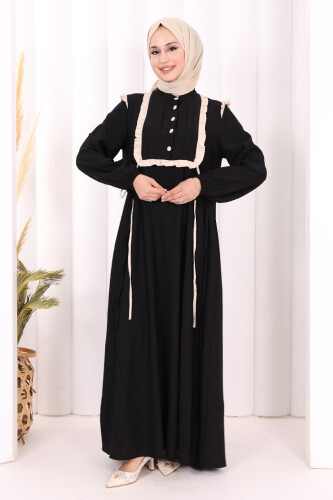 Bağlamalı ve Fırfır Detaylı Elbise 6064 Siyah
