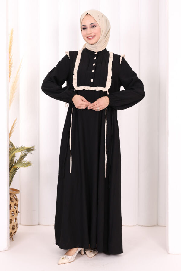 Bağlamalı ve Fırfır Detaylı Elbise 6064 Siyah - 1