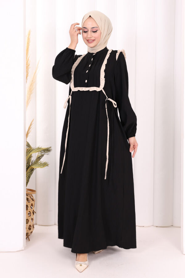 Bağlamalı ve Fırfır Detaylı Elbise 6064 Siyah - 2
