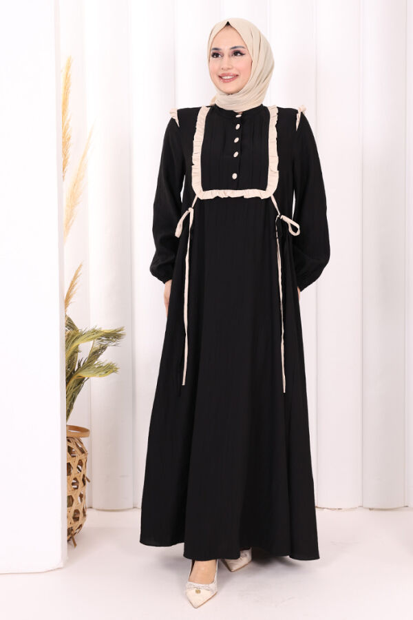 Bağlamalı ve Fırfır Detaylı Elbise 6064 Siyah - 3
